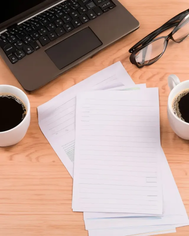 Organized workspace with a laptop and documents for communications planning